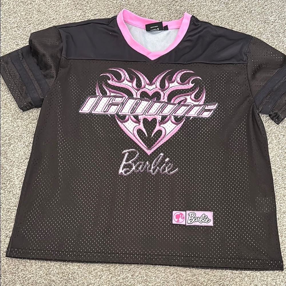 Barbie Black and Pink Jersey Top with Bold Graphic Design